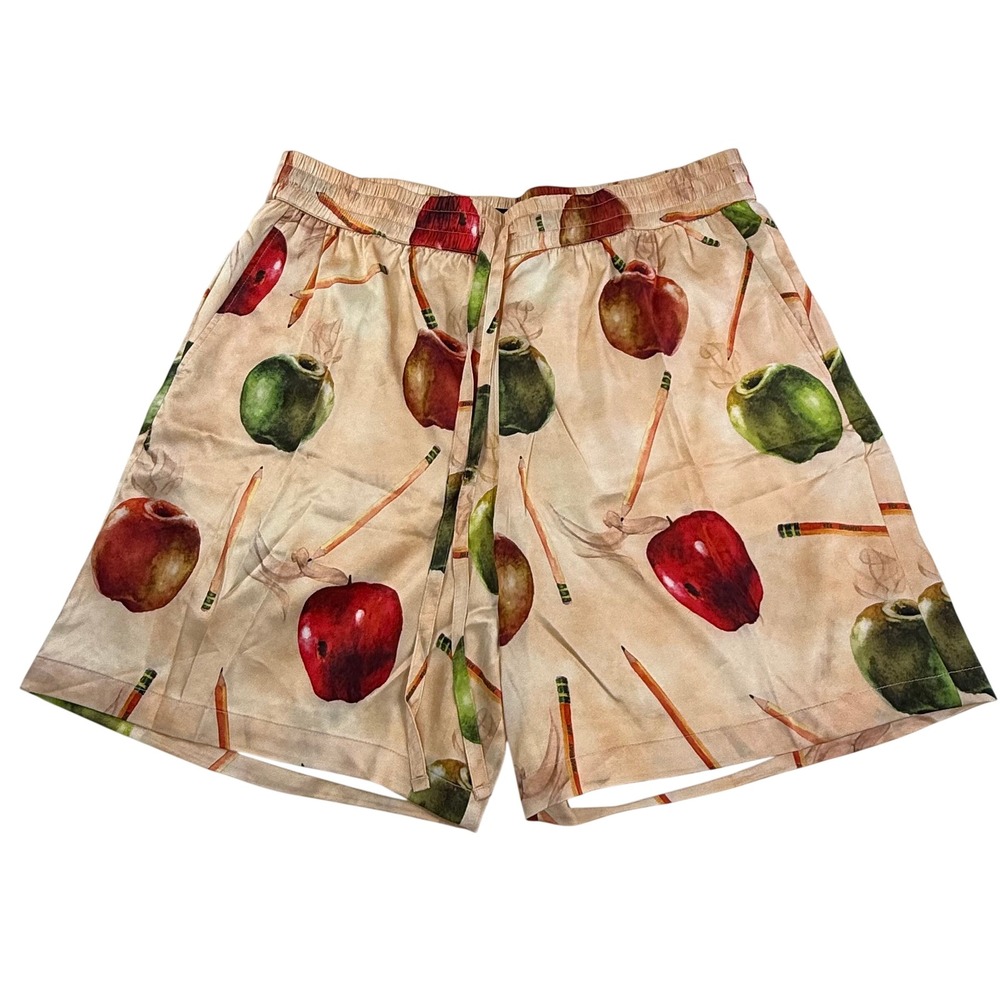 Nahmias Mens XXXL Silk Blend Apple Pencil Print Shorts Tan Luxury Streetwear